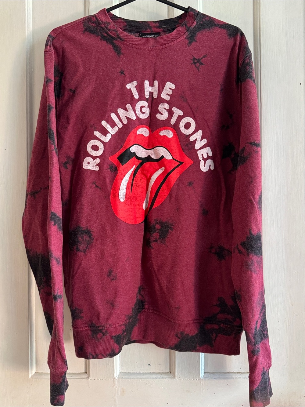 the Rolling Stones Maroon Tie-Dye Sweatshirt with Red Tongue Graphic